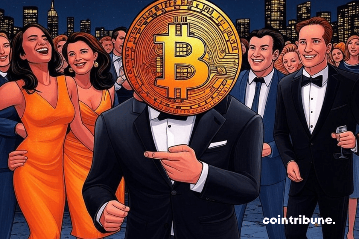 Illustration stylisée d'une soirée mondaine où un homme en smoking a une pièce de Bitcoin à la place de la tête, entouré de personnes élégantes et d'une skyline urbaine nocturne