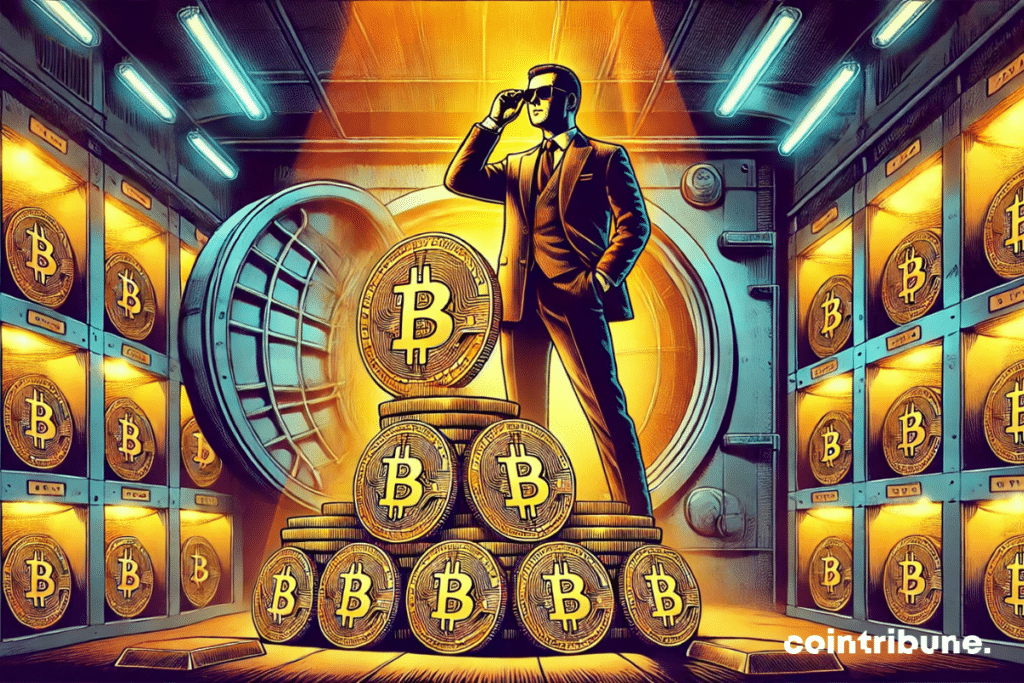 La caja fuerte llena de bitcoins y el político confiado permanecen en el centro de la composición, con una atmósfera más misteriosa y estratégica, reforzada por un fondo oscuro.