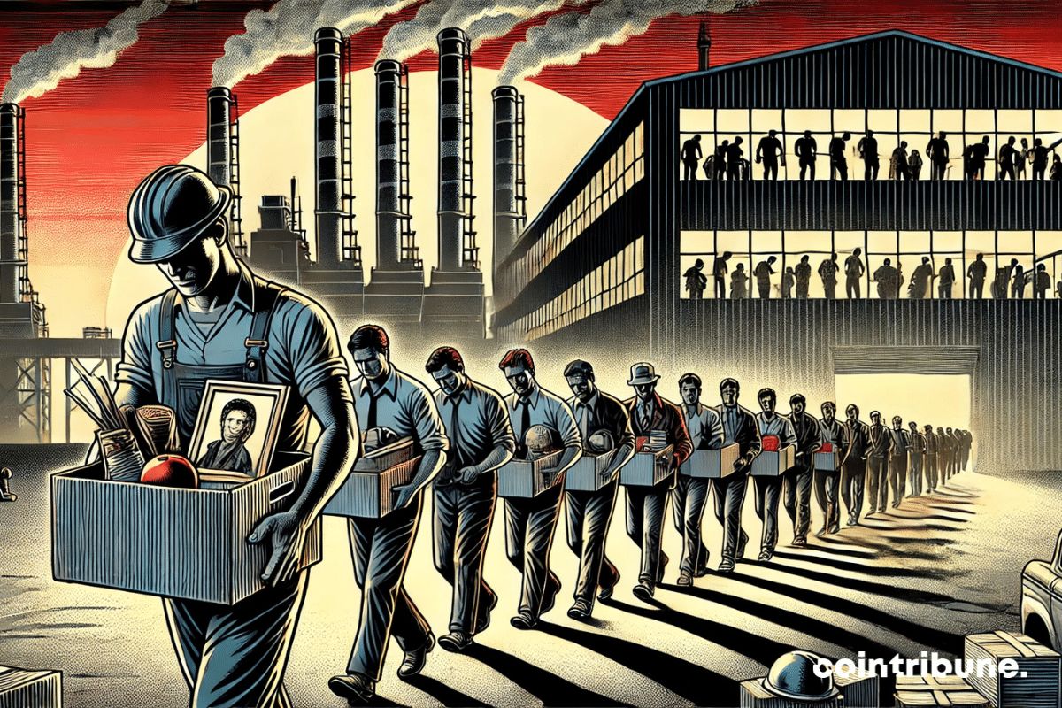 Trabajadores saliendo de un edificio industrial, simbolizando los despidos masivos en Gazprom en Rusia.