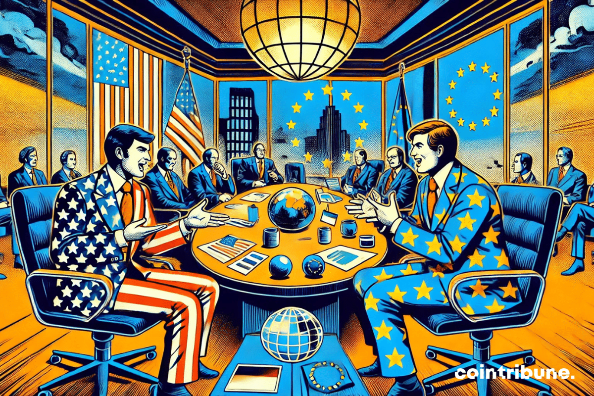 A meeting room where two diplomats, dressed in the flags of their respective countries (United States and European Union), exchange ideas animatedly."