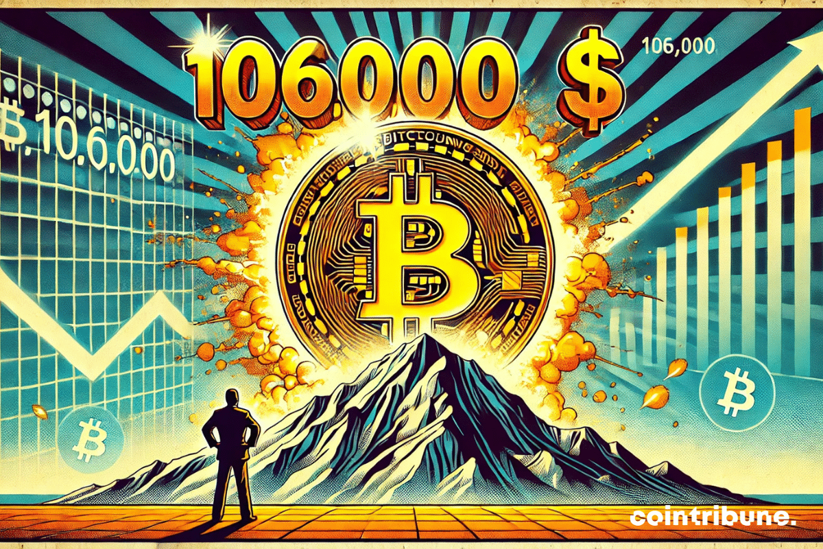 Un personaje (que simboliza a Trump) observando una montaña en cuya cima se encuentra una moneda de Bitcoin, brillante.