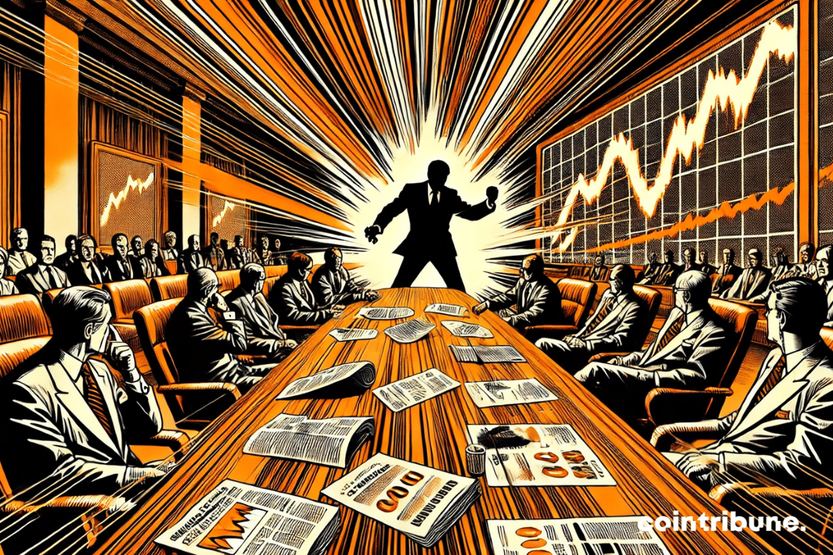 A government-style meeting room, captured in a dynamic low-angle shot to emphasize Donald Trump's imposing stature. The frame focuses on him but includes the table and a few secondary silhouettes, symbolizing his demand toward the Federal Reserve.