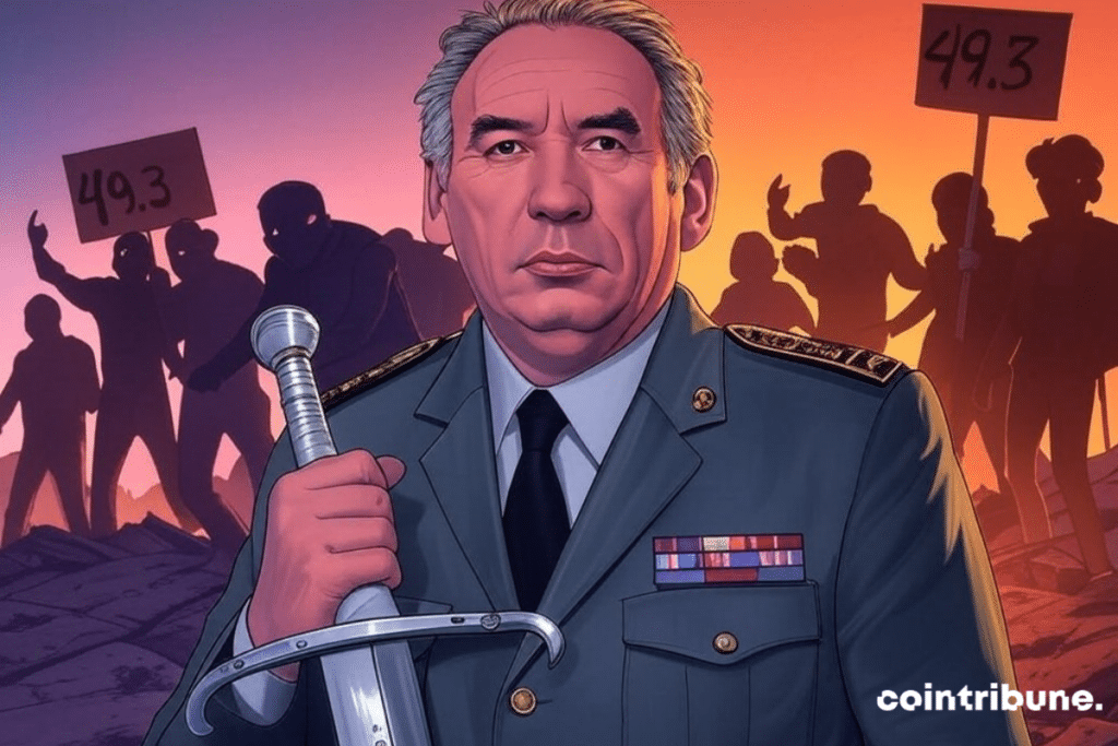 François Bayrou disfrazado de general con un sable en la mano y rodeado de gente con carteles del 43,2