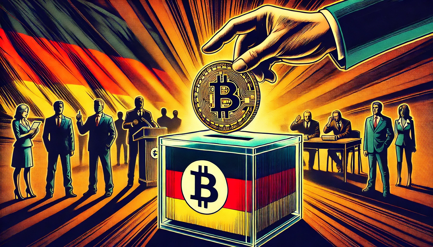 a huge Bitcoin falling into an election ballot box in the colors of Germany, with a mysterious hand depositing it. In the background, silhouettes of debating politicians add to the tension.