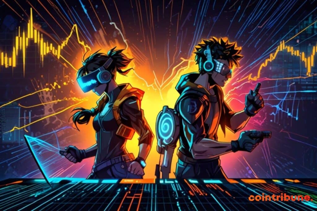 Two characters representing DeFi and Gaming in a Web3 universe