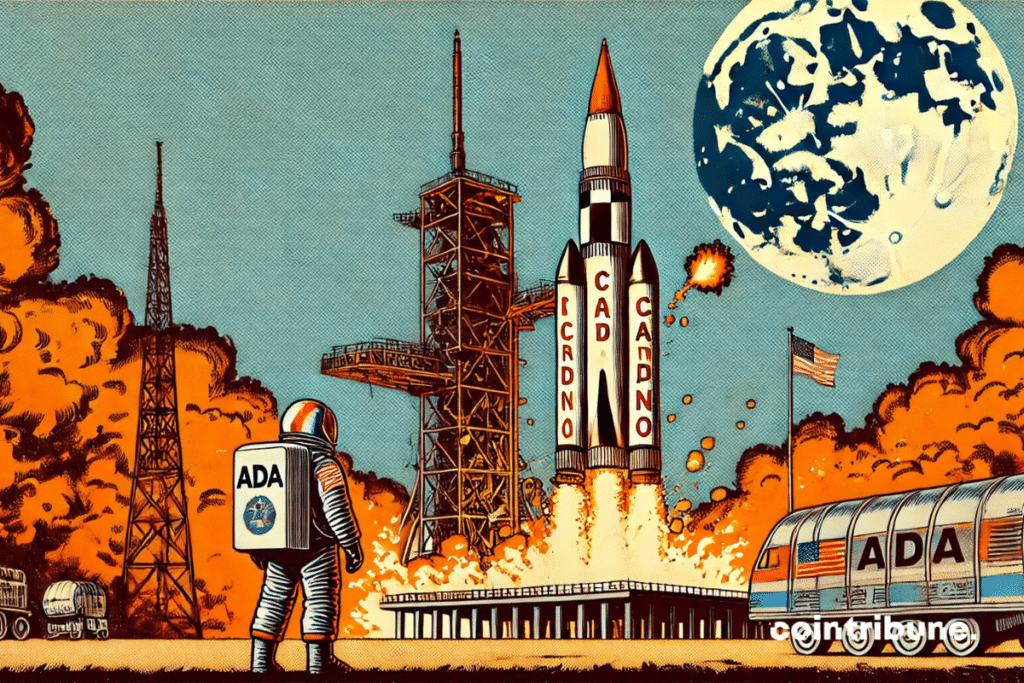 La fusée marquée "Cardano" et "ADA" peine à décoller malgré la fumée et les flammes, tandis qu'un astronaute frustré observe la scène.