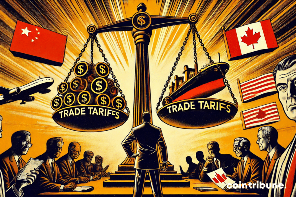 The economic confrontation between Trump, Canada, China, and Mexico in the form of an unbalanced trade balance. The businessman in a red suit watches the scene, while the Chinese and Canadian figures try to counterbalance the trade tariffs.