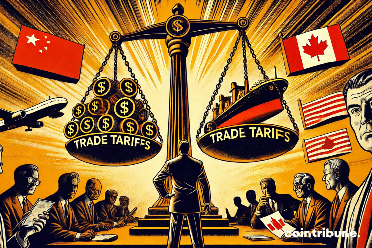 The economic confrontation between Trump, Canada, China, and Mexico in the form of an unbalanced trade balance. The businessman in a red suit watches the scene, while the Chinese and Canadian figures try to counterbalance the trade tariffs.