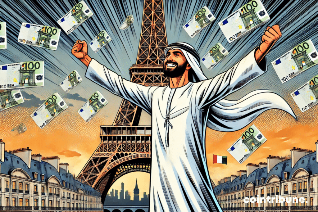IA: ¡Lluvia de billetes sobre la Torre Eiffel! Captura perfectamente la energía y el impacto de esta inversión de los Emiratos Árabes Unidos en Francia.
