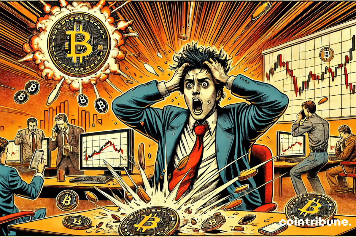 A sweaty, wide-eyed bitcoin trader in a suit, pulling his hair in front of a screen