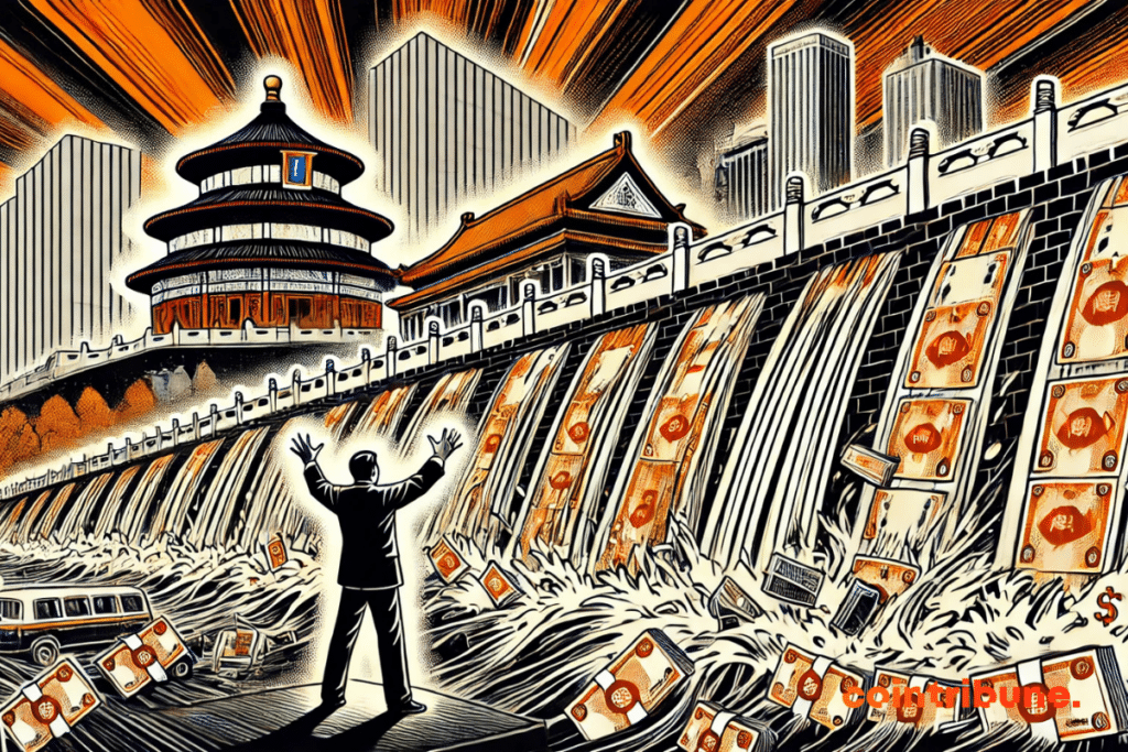 A wall of banknotes blocks a wave of financial collapse, with a Chinese official trying to contain it.