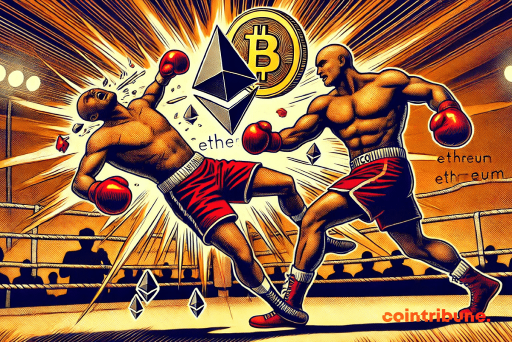 Ilustración de un intenso duelo donde bitcoin domina a Ethereum