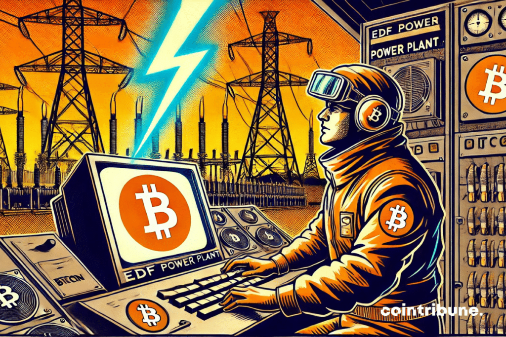 An EDF engineer monitoring a massive computer connected to Bitcoin mining machines.