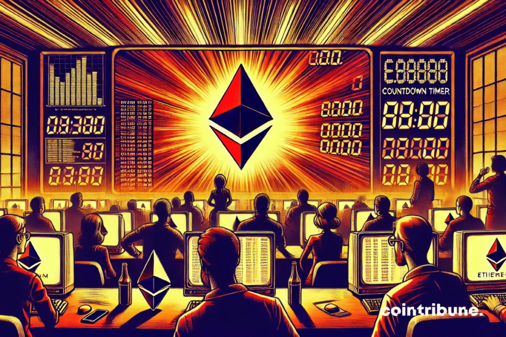 A group of crypto enthusiasts looking at the Ethereum logo screen.