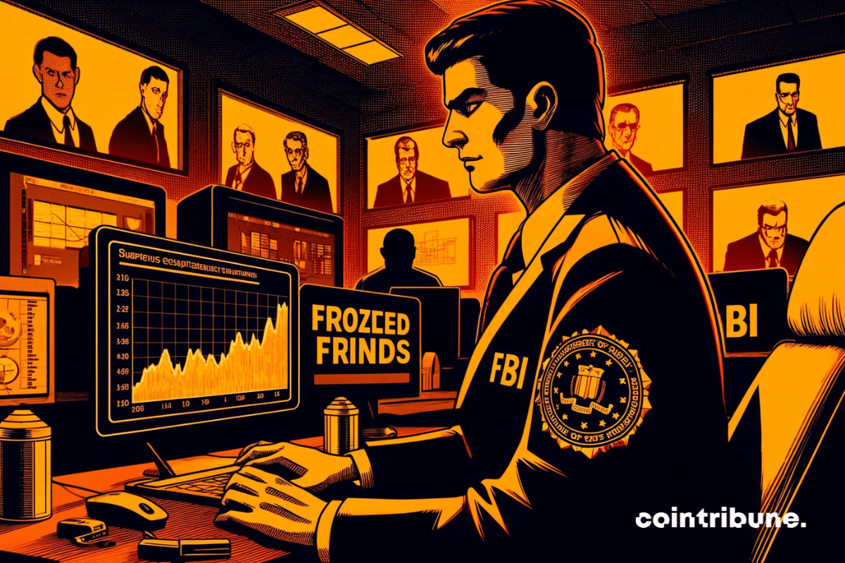 Ilustración de un agente del FBI analizando transacciones cripto sospechosas en una pantalla.