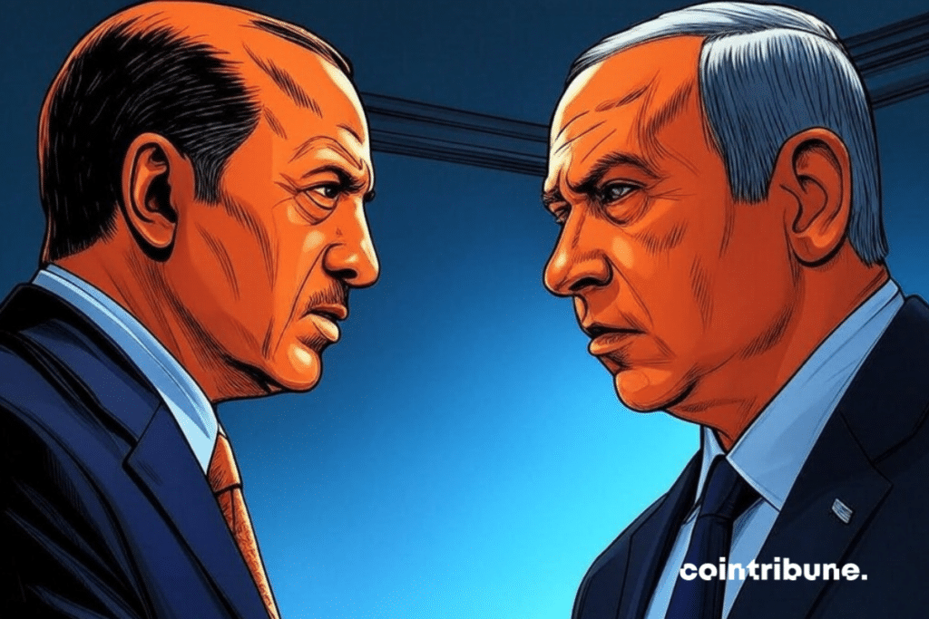 Ilustración de perfil que muestra los rostros de Erdogan y Netanyahu enfrentados sobre un fondo azul, símbolo de las tensiones diplomáticas entre Turquía e Israel.