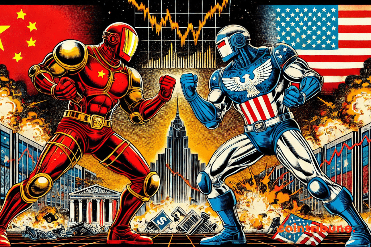 BRICS : the intense clash between China and the United States depicted as futuristic warriors in a chaotic setting!