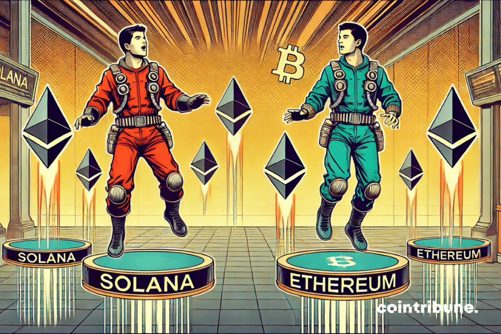 Crypto : Two traders on the floating platforms of Solana and Ethereum! 🚀🔥 The trader on Solana is euphoric but worried about the memecoin crash, while the one on Ethereum remains unfazed and confident.