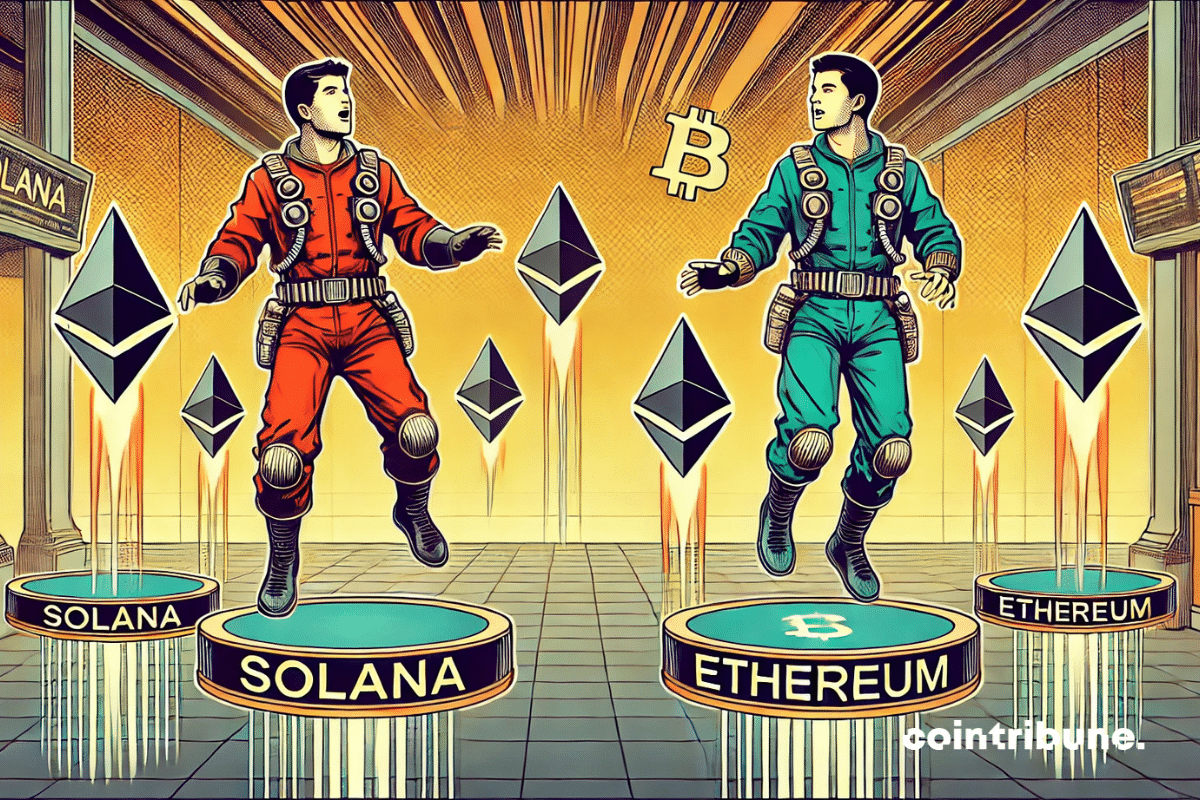 Crypto : Two traders on the floating platforms of Solana and Ethereum! 🚀🔥 The trader on Solana is euphoric but worried about the memecoin crash, while the one on Ethereum remains unfazed and confident.