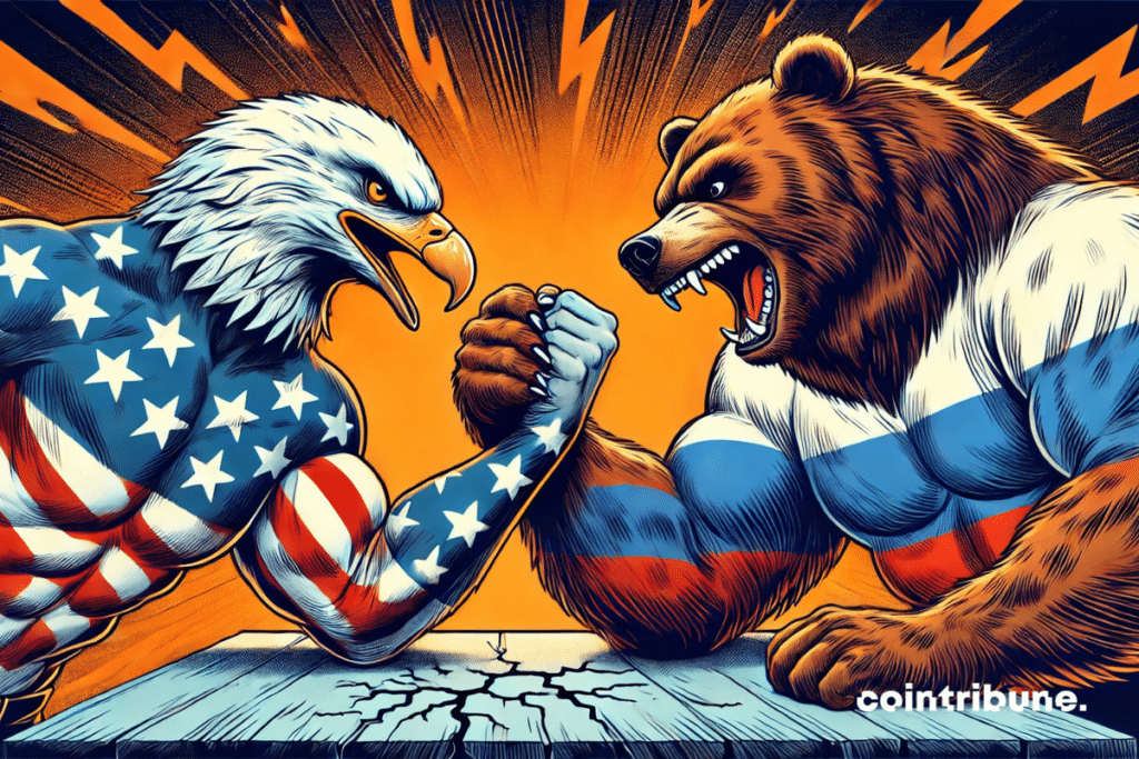 An epic showdown between an anthropomorphic eagle (Trump) in U.S. colors and a bear in Russian colors, with visible tension and raw power linked to the new tariffs.