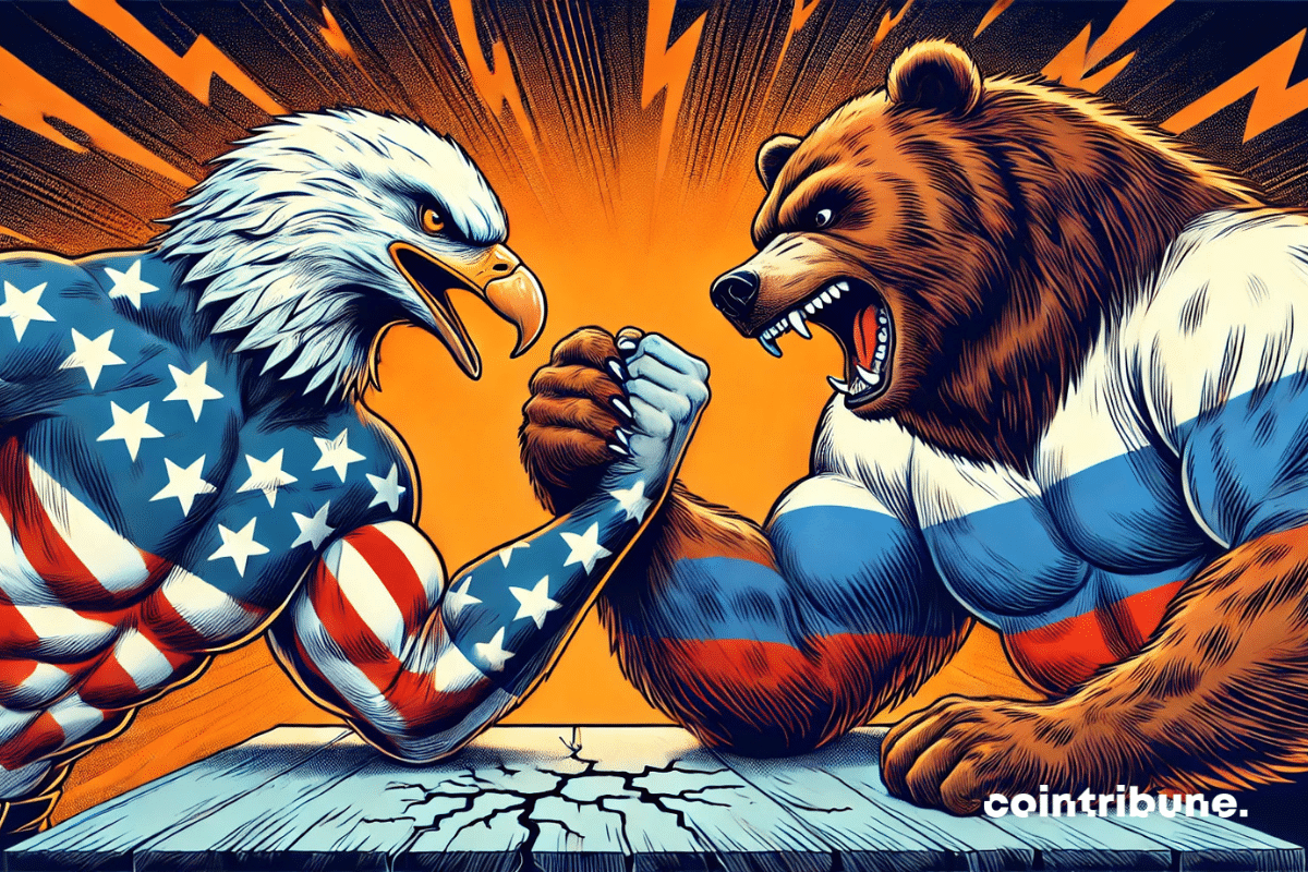 An epic showdown between an anthropomorphic eagle (Trump) in U.S. colors and a bear in Russian colors, with visible tension and raw power linked to the new tariffs.