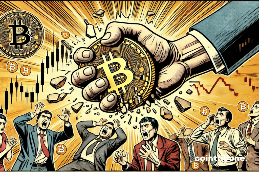 Una mano gigante (la Fed) aplastando un Bitcoin agrietado, con traders en pánico al fondo.
