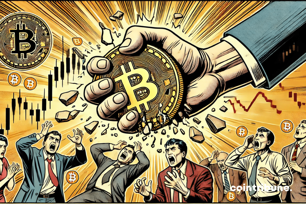 Una mano gigante (la Fed) aplastando un Bitcoin agrietado, con traders en pánico al fondo.