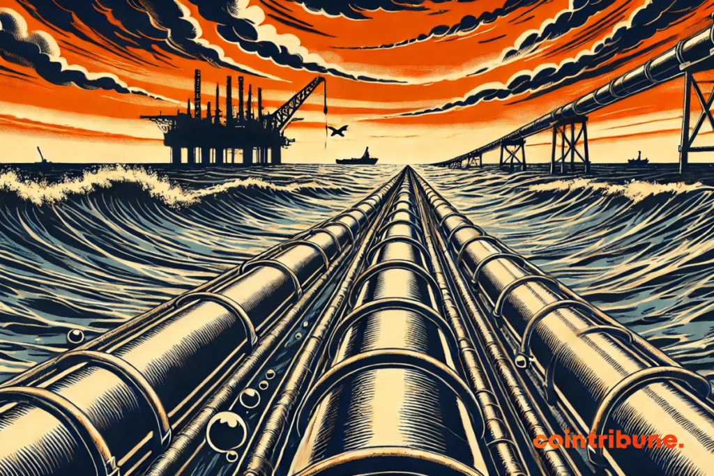 A pipeline at sea, in a dramatic and mysterious atmosphere, to evoke the geopolitical and ecological issues surrounding oil infrastructures.