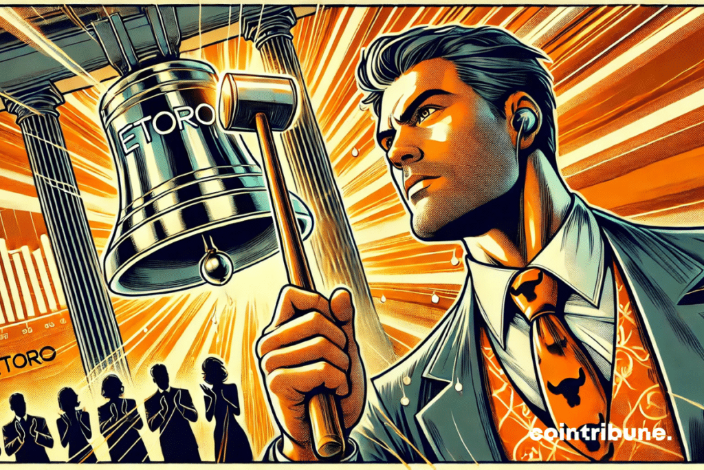 Hammer strike on the bell: a suspended moment, filled with adrenaline, just before the symbolic impact of eToro’s IPO.