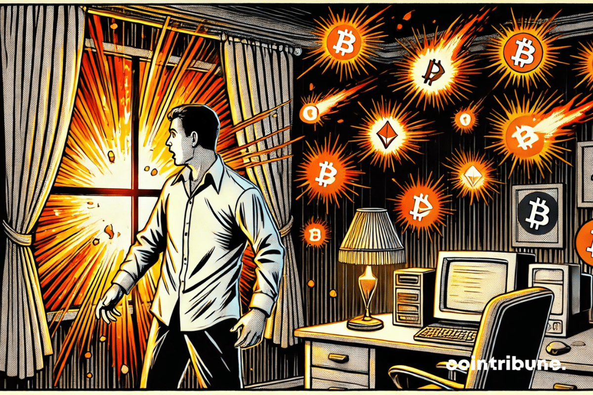 La ventana Altcoin: un operador de criptomonedas congelado por la sorpresa, bañado en una brillante luz naranja, al descubrir la silenciosa oleada de altcoins.