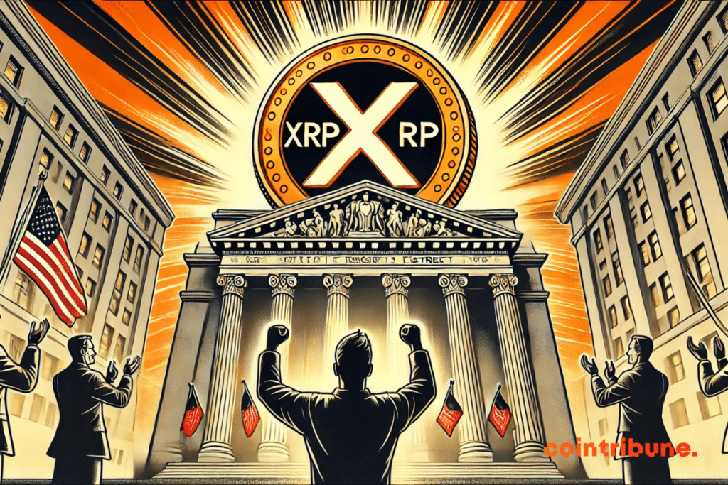 An imposing Ripple XRP crypto coin in front of a glowing seal of approval, with an investor celebrating the news.