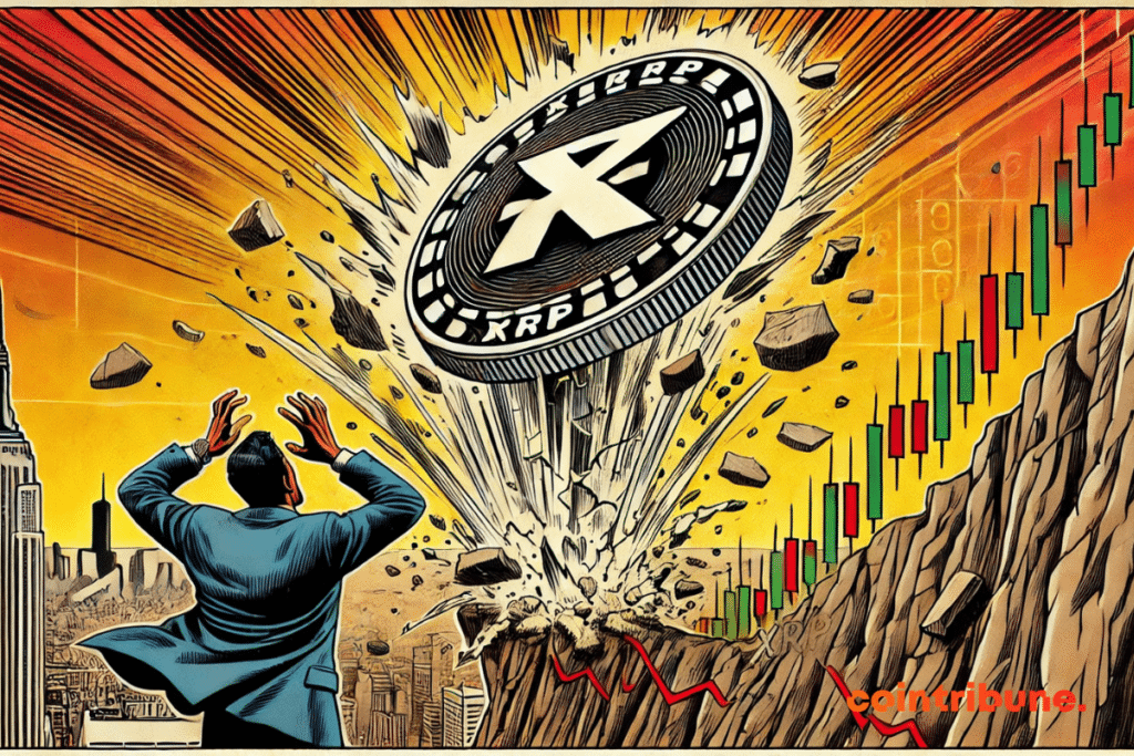 A massive XRP crypto coin plunges into the void before the eyes of a panicked trader, while a chart in the background displays a sharply bearish trend.