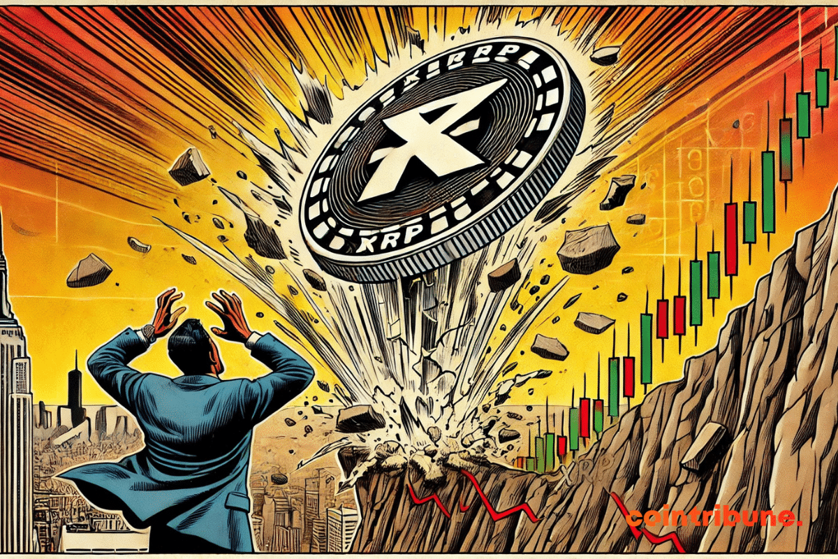 A massive XRP crypto coin plunges into the void before the eyes of a panicked trader, while a chart in the background displays a sharply bearish trend.