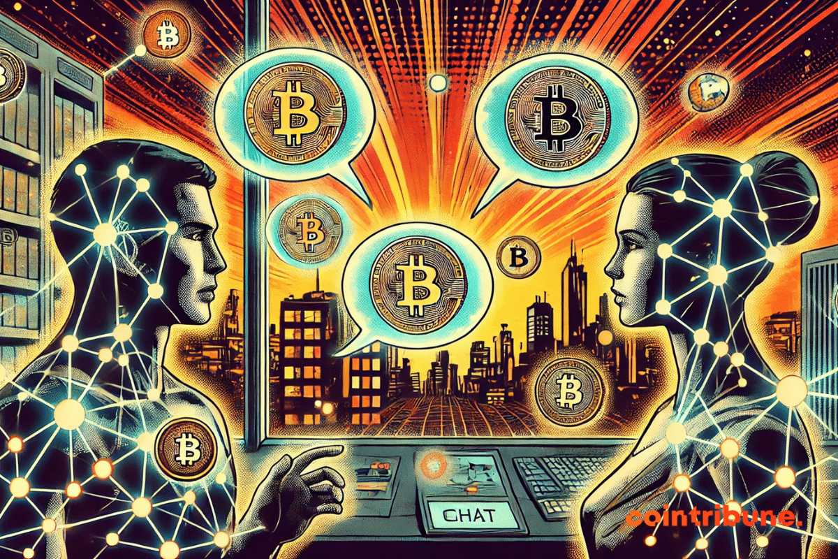 Two futuristic avatars exchange crypto coins via holographic messaging in a Web3 universe.