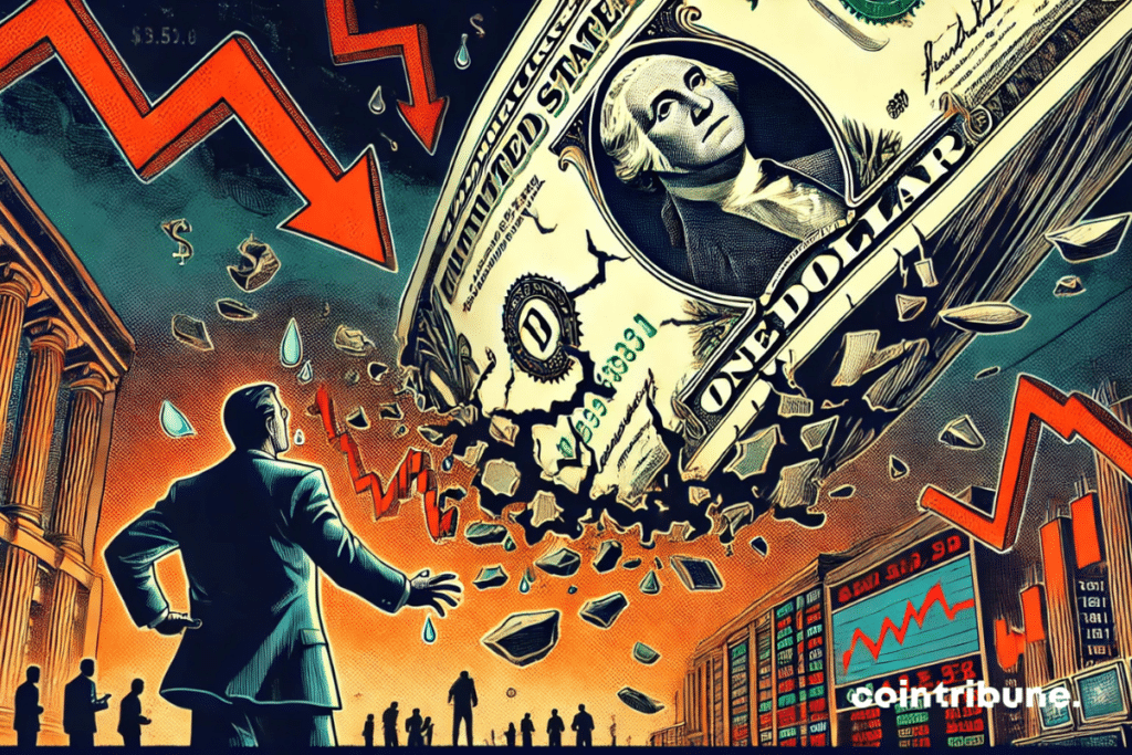 A dollar bill in free fall with a panicked trader watching the financial crisis.
