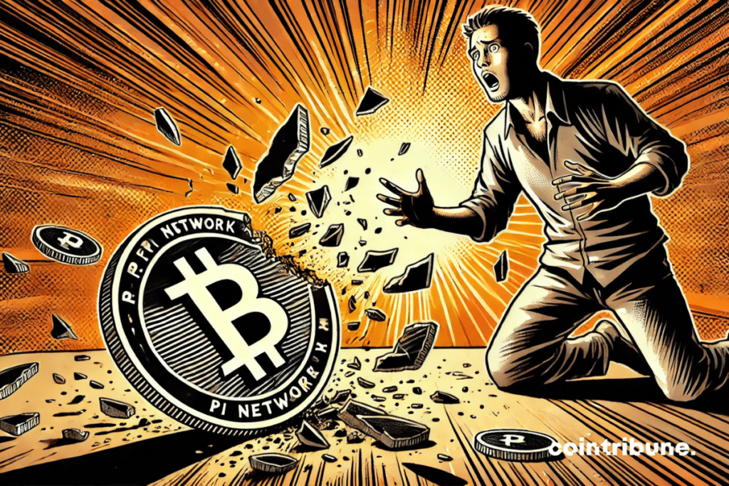 A stunned trader observes a broken Pi Network crypto coin on the floor.
