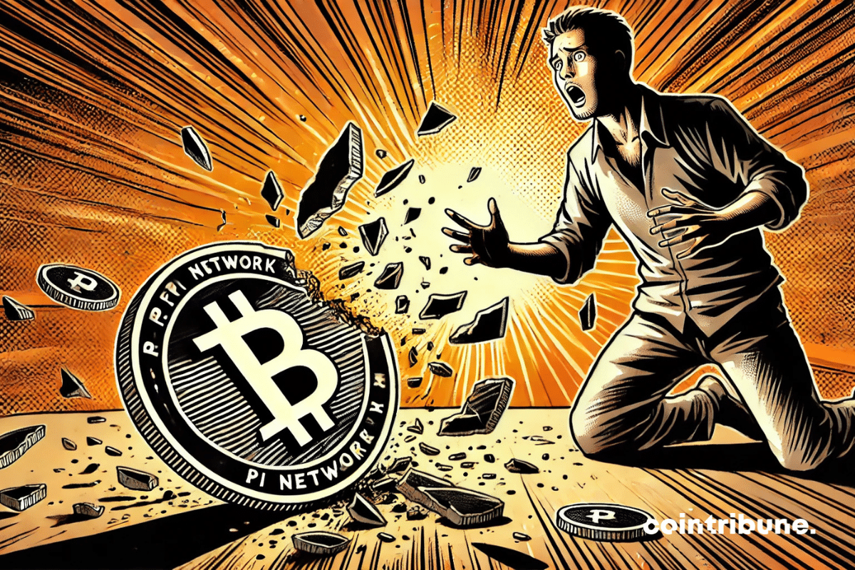 A stunned trader observes a broken Pi Network crypto coin on the floor.