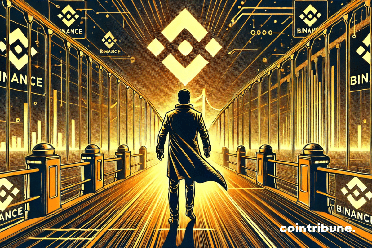 A man on a bridge facing the logo of the crypto exchange Binance.