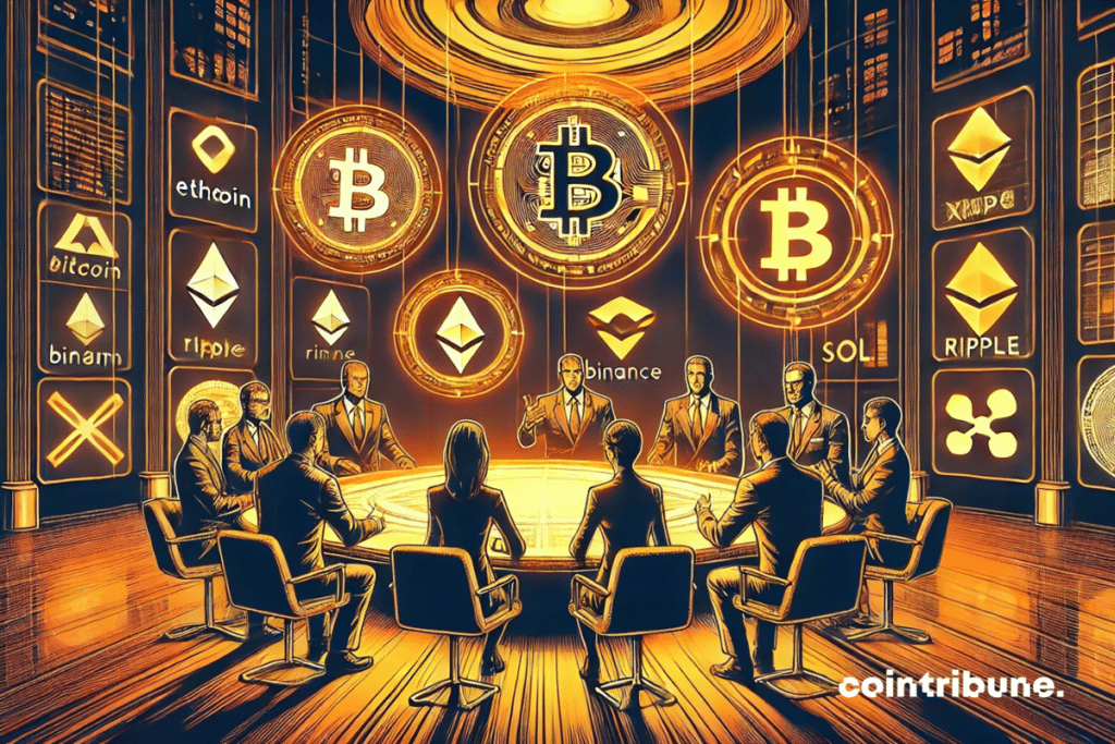 Une réunion des figures influentes de la crypto, dans une salle stratégique, avec les logos flottants de Bitcoin, Ethereum, Ripple, Binance et Solana.