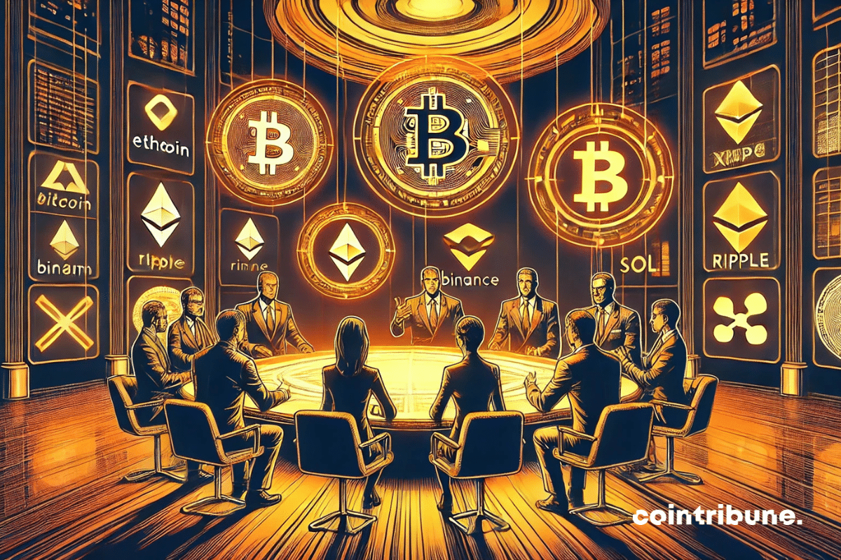 Une réunion des figures influentes de la crypto, dans une salle stratégique, avec les logos flottants de Bitcoin, Ethereum, Ripple, Binance et Solana.
