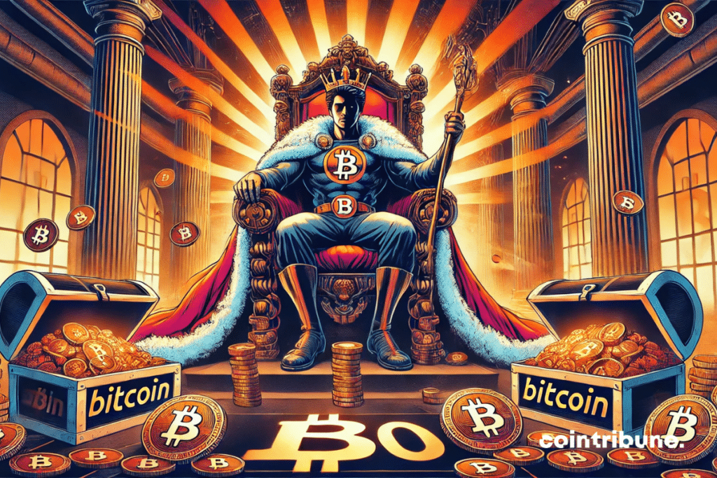 El rey bitcoin sentado en su trono rodeado de tesoros
