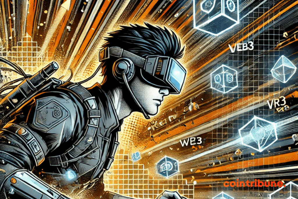 Imagem ilustrando jogos Web3, com estilo de história em quadrinhos e paleta de cores laranja, preto e branco.