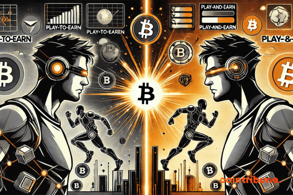 Imagem em estilo de história em quadrinhos ilustrando a diferença entre Play-to-Earn e Play-and-Earn, com um esquema de cores laranja, preto e branco.