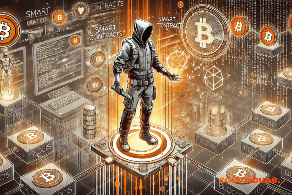 Ilustração representando um contrato inteligente em jogos de blockchain, com um personagem futurista ativando um contrato digital holográfico, cercado por blockchains conectados.