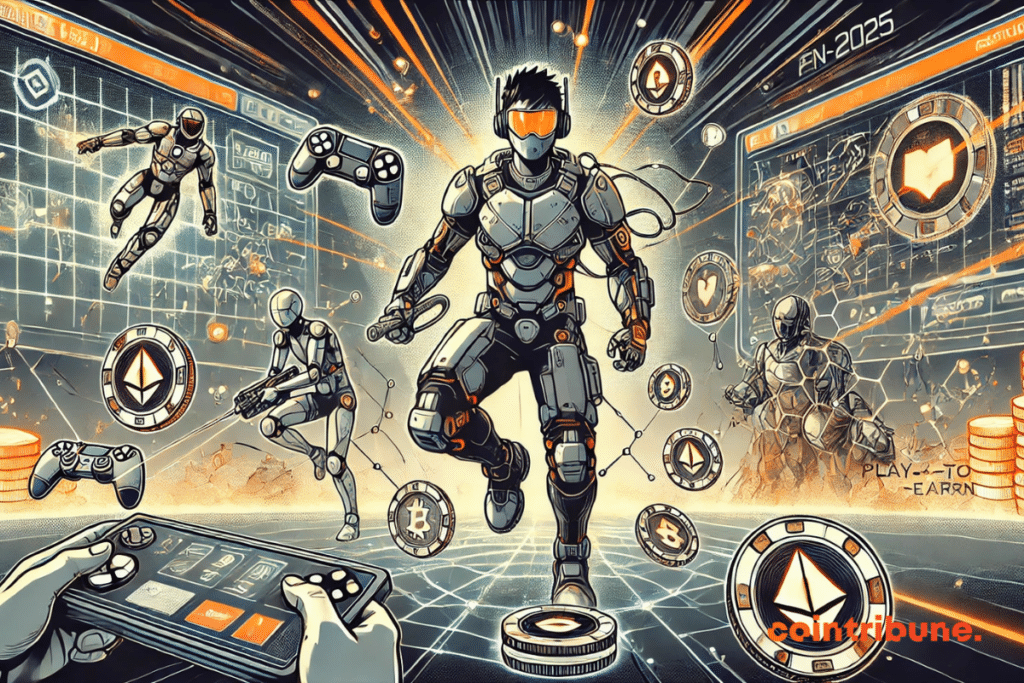 Ilustração destacando jogos Play-to-Earn em 2025, com um jogador futurista cercado por hologramas de recompensas, avatares digitais e tokens criptográficos, em um universo digital dinâmico.
