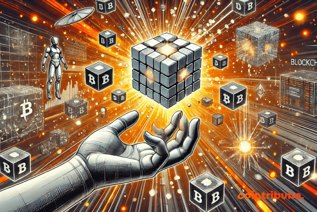 ilustração mostrando uma mão cibernética segurando um cubo digital representando blockchain, com um universo digital dinâmico ao fundo