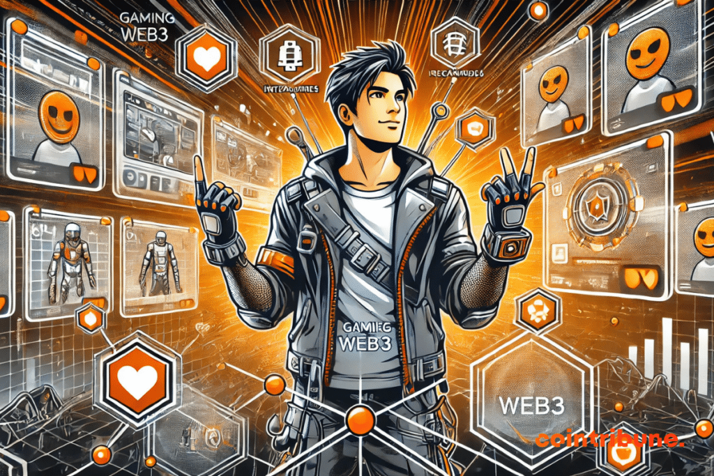 ilustração destacando os benefícios dos jogos Web3 para jogadores, com um personagem futurista cercado por hologramas simbolizando as recompensas, a liberdade e a inovação do Web3