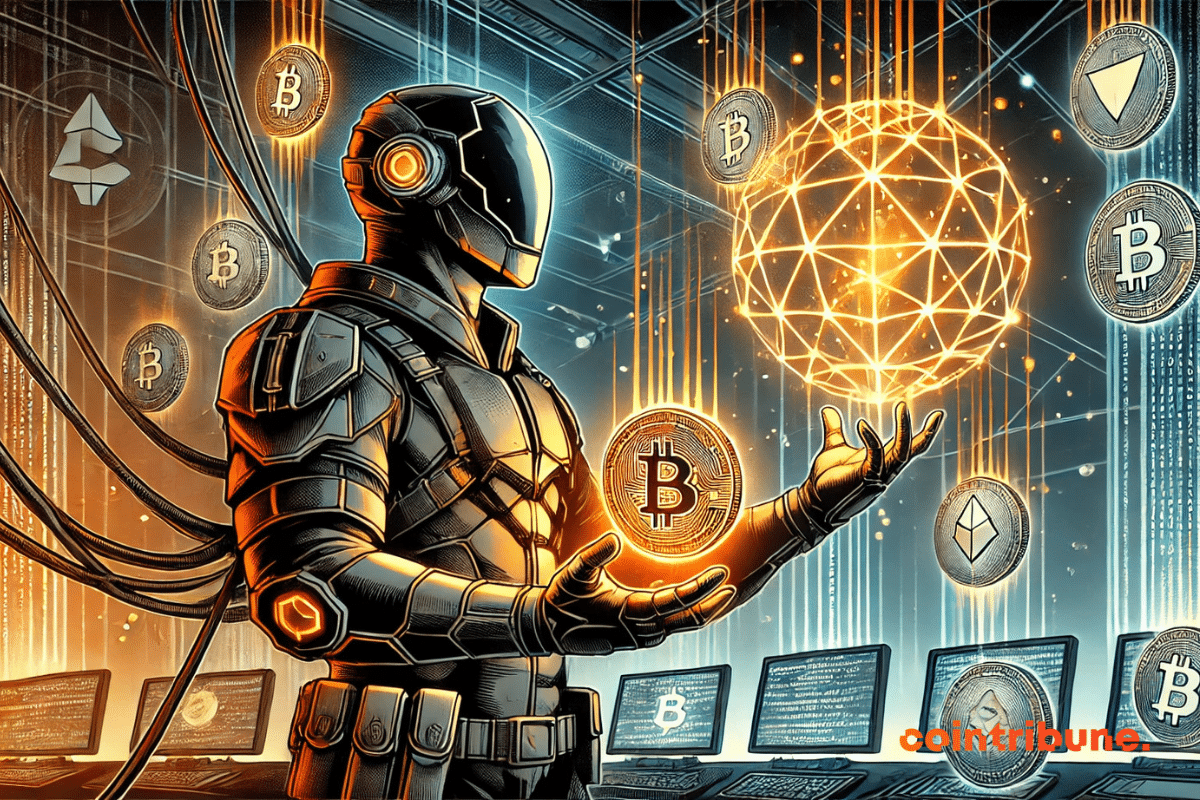 Illustration highlighting cryptocurrencies in Web3 gaming, with a cybernetic character holding a glowing holographic orb displaying digital tokens.