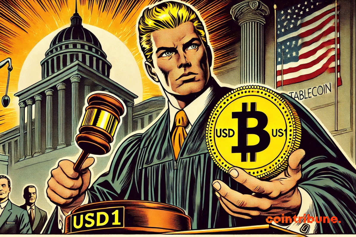 Cartoon of a judge deciding the fate of the USD1 crypto.