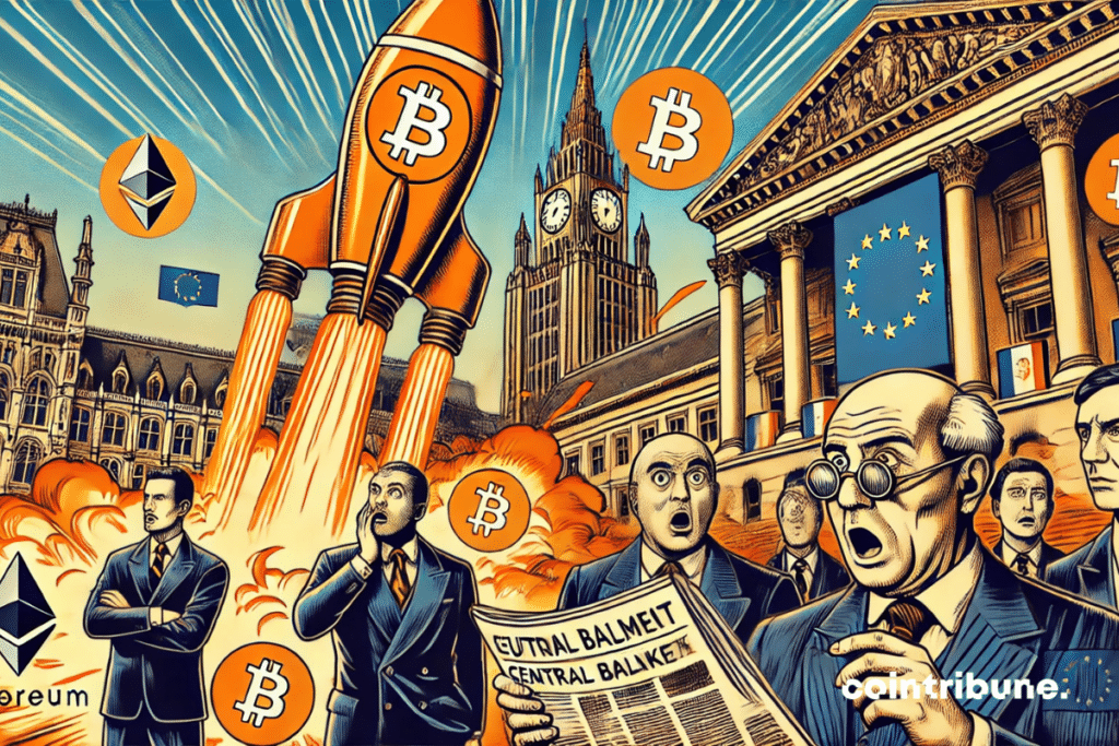 A gigantic stylized rocket, with crypto symbols, Bitcoin and Ethereum, takes off at full speed. To the left, a group of bankers in suits, shocked or indifferent, stand frozen in front of a classical European building.